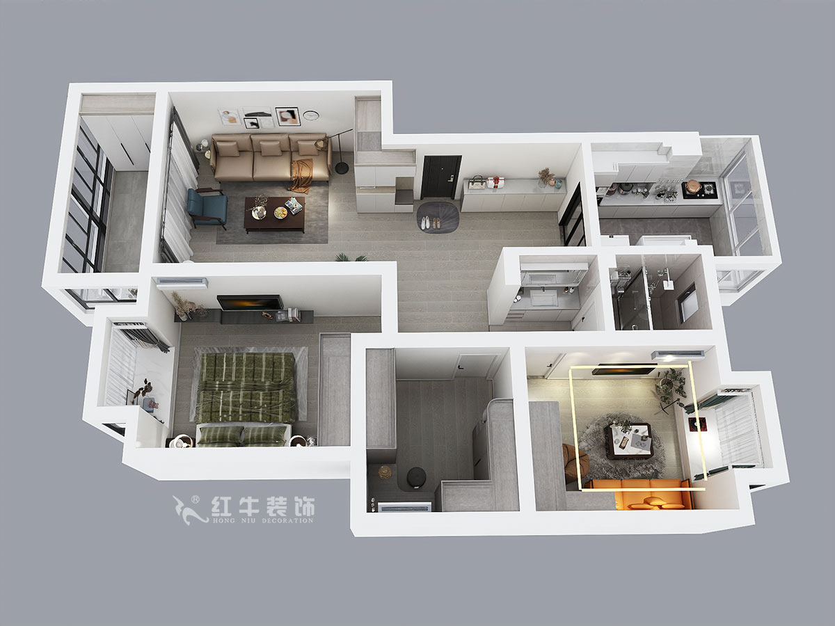 蔣?。趟铺?-3-401-106㎡-現(xiàn)代簡約風(fēng)格｜3室2廳1衛(wèi)｜新房裝修｜成品家￥152999｜全包15萬｜00_04鳥瞰圖