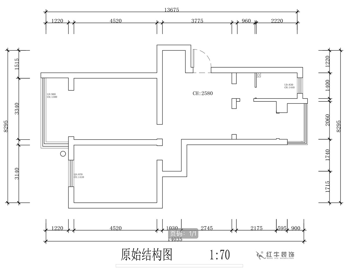 蔣?。蔡┐?1-401-80㎡-現(xiàn)代簡約風格｜2室1廳1衛(wèi)｜舊房裝修｜定制家￥126767｜全包12萬｜00_01原始結構圖