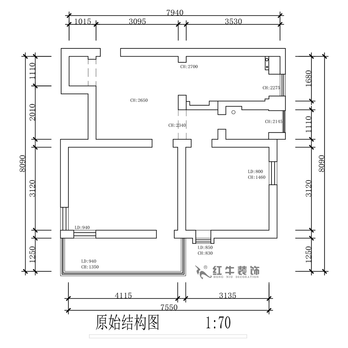 蔣?。珗@路44號小區(qū)3-204-60㎡-現(xiàn)代簡約風格｜2室1廳1衛(wèi)｜舊房裝修｜定制家｜全包10萬｜00_01原始結構圖