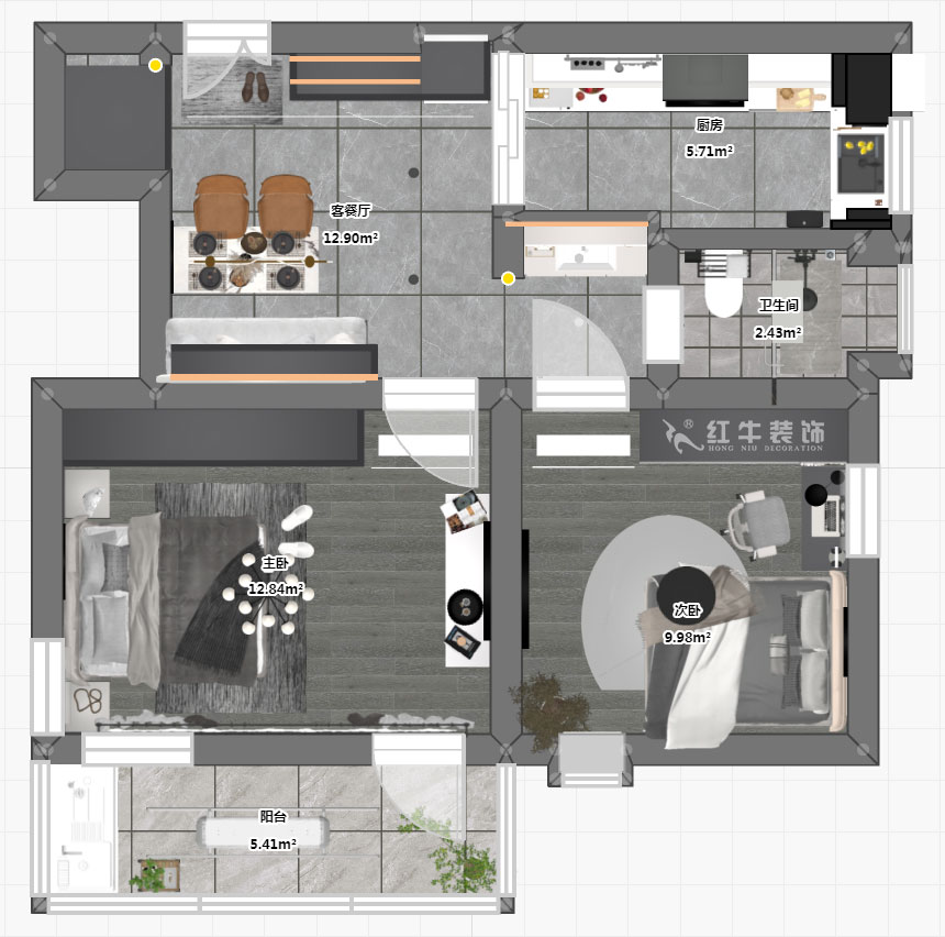 蔣?。珗@路44號小區(qū)3-204-60㎡-現(xiàn)代簡約風格｜2室1廳1衛(wèi)｜舊房裝修｜定制家｜全包10萬｜00_03平面彩圖