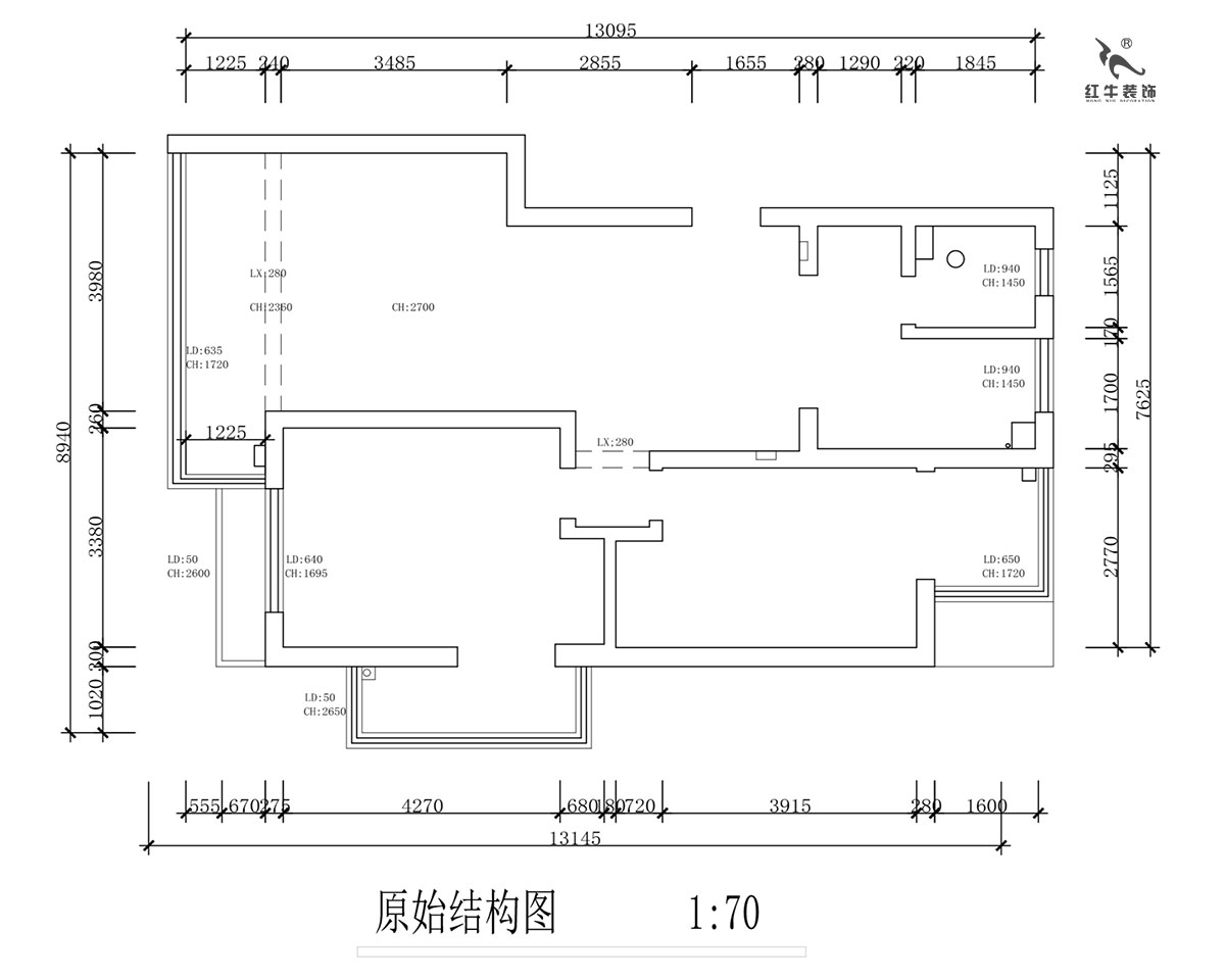 蔣?。霄沃腥A廣場(chǎng)11-601-110㎡-現(xiàn)代簡(jiǎn)約風(fēng)格｜2室2廳1衛(wèi)｜舊房裝修｜定制家￥140400｜全包15萬｜00_01原始結(jié)構(gòu)圖