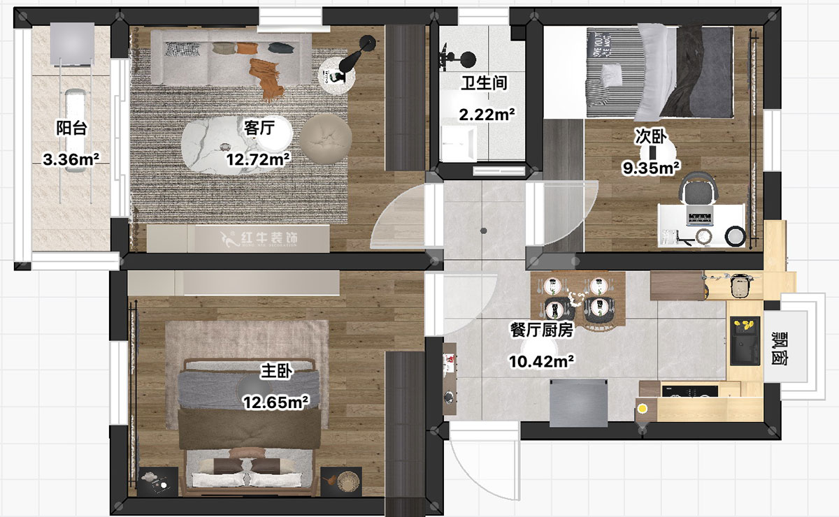 朱彥｜普德村118號4-406-65㎡-簡約風格｜2室2廳1衛(wèi)｜老房裝修｜定制家｜全包11萬｜00_03平面彩圖