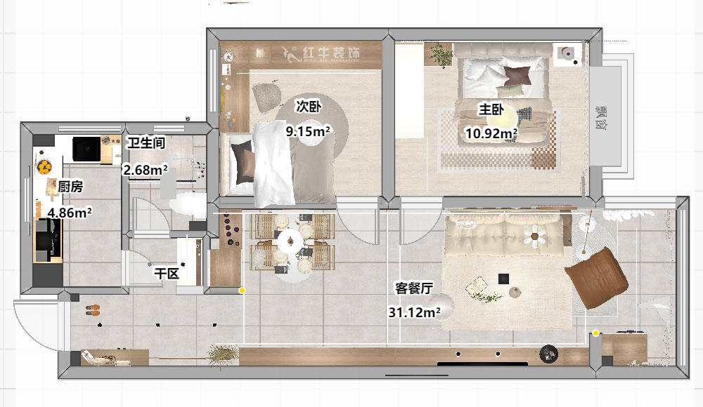 劉曉芳｜觀(guān)泓雅苑A區(qū)7-5-909-82㎡-原木奶油風(fēng)｜2室2廳1衛(wèi)｜新房裝修｜定制家｜全包11