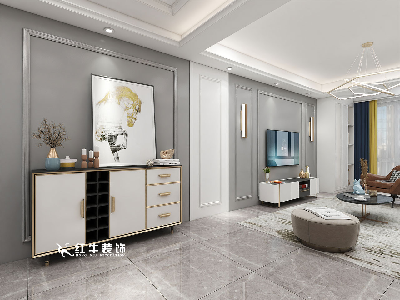 顧娟_金地都會意境118㎡現(xiàn)代風(fēng)格--弧形沙發(fā)設(shè)計，獨特有創(chuàng)意！04客廳設(shè)計_電視背景墻