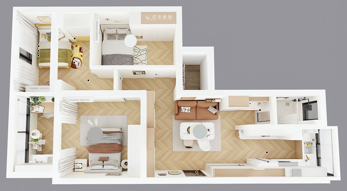 朱明琪|金基公寓4-105-73㎡-原木風格|3室1廳1衛(wèi)|老房改造|定制家|全包11萬|00_04鳥瞰圖