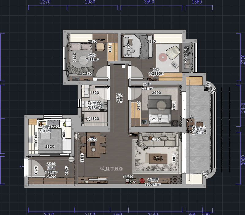 熊皓宇｜高科紫堯星院-90㎡-現(xiàn)代原木風｜3室2廳1衛(wèi)｜精裝修改造｜00_01平面彩圖