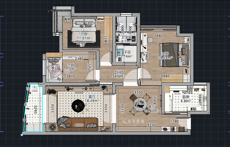 熊皓宇｜恒生名仕嘉园-110㎡-轻法式风格｜3室2厅1卫｜老房装修｜定制家｜全包｜00_01平面彩图