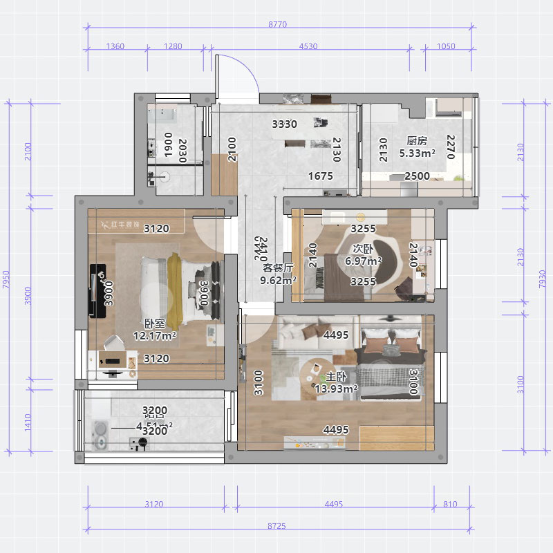 蔣?。少t街92號(hào)院9-301-68㎡-現(xiàn)代簡約風(fēng)格｜3室1廳1衛(wèi)｜老房裝修｜定制家｜全包10萬｜00_03平面彩圖